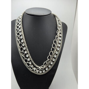 Multiple chains Choker Necklace rhinestone Silver Tone 14"